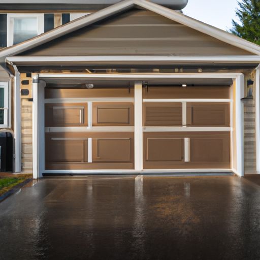 Closed sectional garage door on a suburban Voorhees, NJ home on a wet morning, showing panels, seals, and hardware.