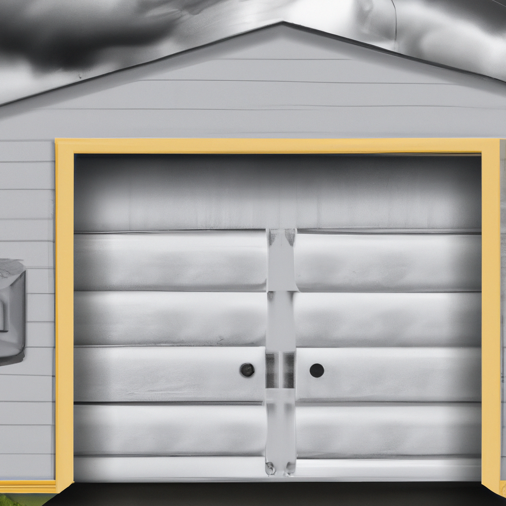 A reinforced steel garage door on a suburban house with a cloudy, stormy sky