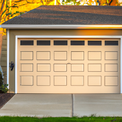 Closed insulated sectional garage door on a suburban Voorhees, NJ home at golden hour; driveway and landscaping visible, no people.
