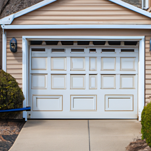 Suburban Voorhees residential garage door with visible springs, tracks, and driveway in daylight.
