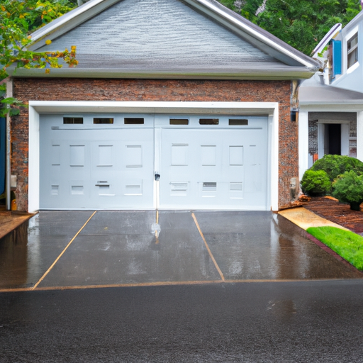 Suburban Voorhees home with a modern closed garage door on a clear morning, driveway and yard visible.