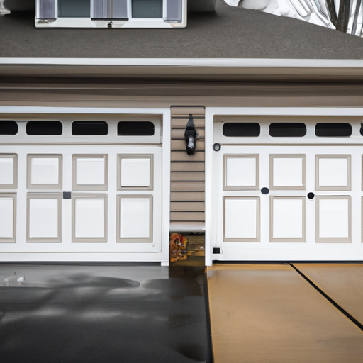 Suburban Voorhees driveway with a closed modern sectional garage door and trimmed landscaping
