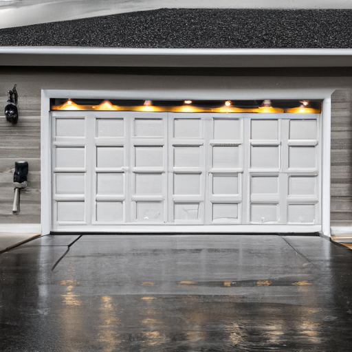Residential sectional garage door slightly open with visible hardware and wet pavement in Voorhees, NJ