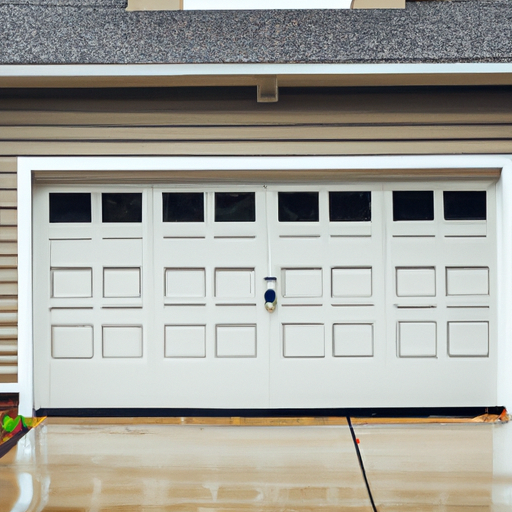 Suburban house driveway with a sectional garage door in Voorhees, NJ, wet pavement and visible weather seal.