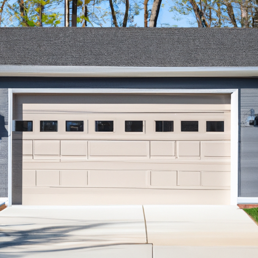 Suburban Voorhees home with a closed modern sectional garage door, driveway and trees, late-afternoon light.