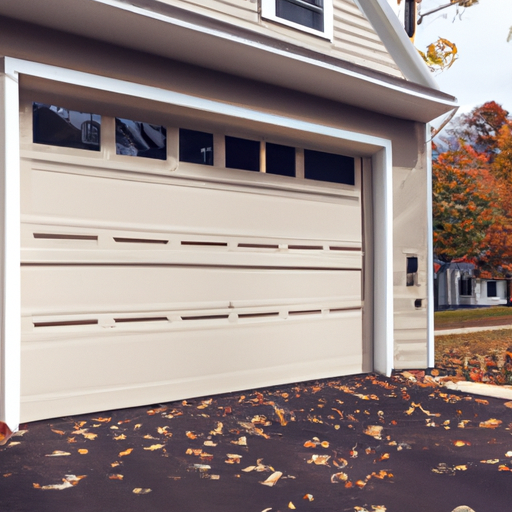 Suburban Voorhees home with a modern sectional garage door partially open, driveway and leaf scatter visible.