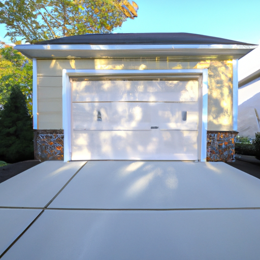 Suburban insulated garage door on a Voorhees, NJ home at late afternoon with clean driveway and trimmed landscaping.