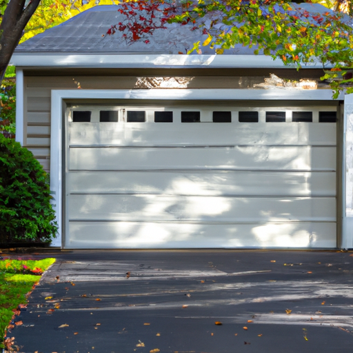 Exterior view of a residential sectional garage door in Voorhees, NJ on a tree-lined street, late-afternoon light.