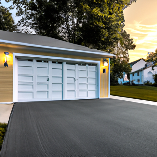 Suburban Voorhees driveway with modern garage door and visible smart opener unit at golden hour.