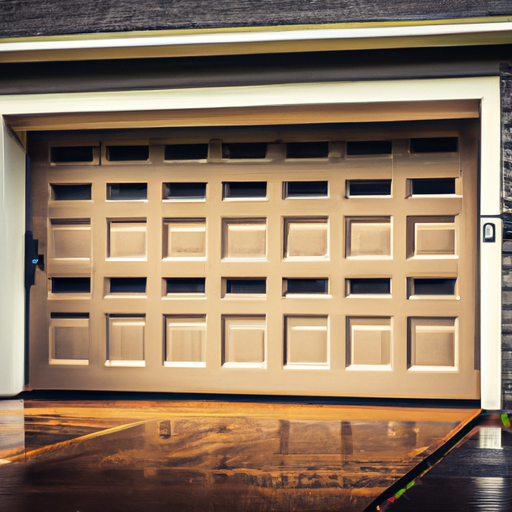 Suburban Voorhees home with a modern sectional garage door slightly open on a damp morning, hardware and panels visible.