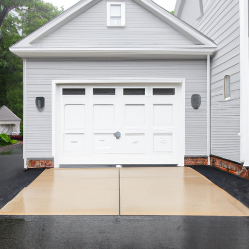 Modern sectional garage door on a suburban Voorhees, NJ driveway with wet pavement and visible door panels and hardware, no people.